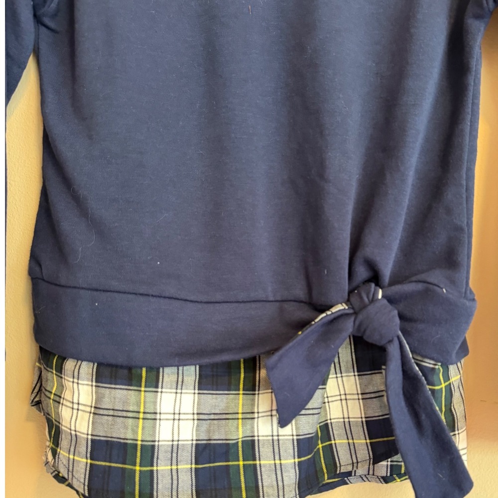 IZOD Womens Navy Blue Layered Plaid Hem Sweatshirt Side Tie Top XS - Picture 3 of 5